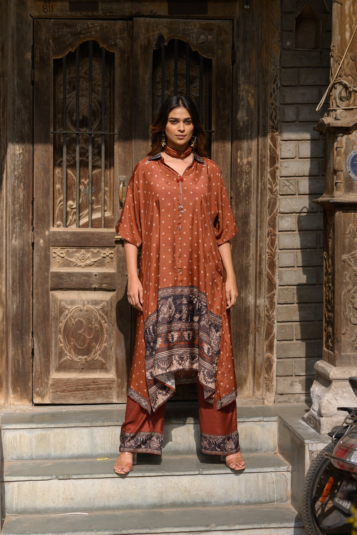 Brown Dot Ajrakh Print Kaftan Kurta Set