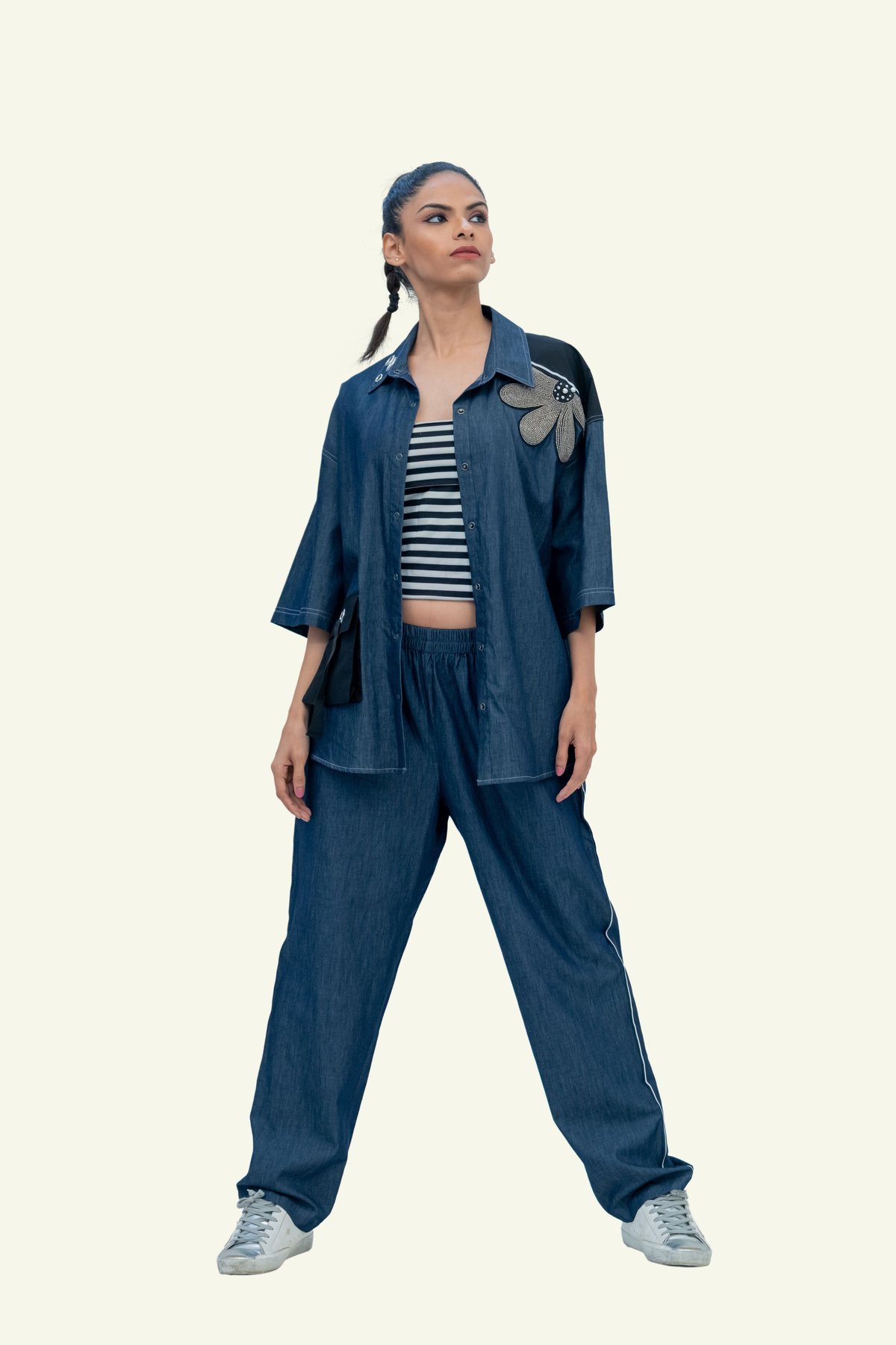 Blue Denim Cotton Oversized Shirt with Pants Co-ord Set with Embroidery