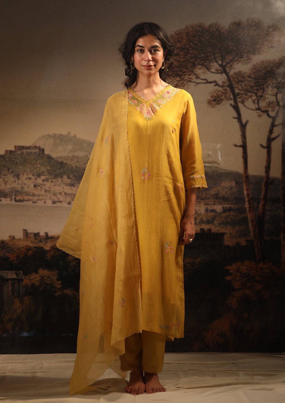 Mustard Handloom Chanderi Embroidered Kurta Set
