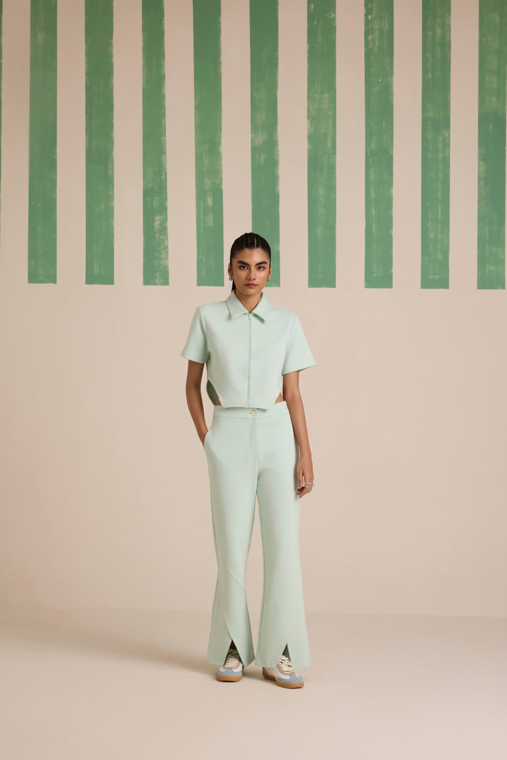 Cool Matcha Zip-Up Crop Top and Flared Pants Co-ord Set