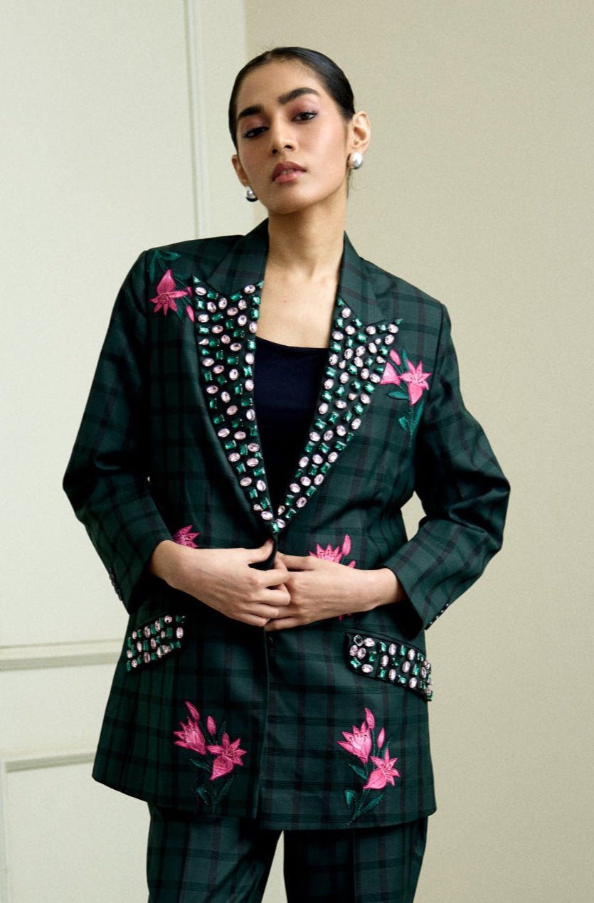 Green Checked Blazer with Floral Embroidery and Crystal Lapel