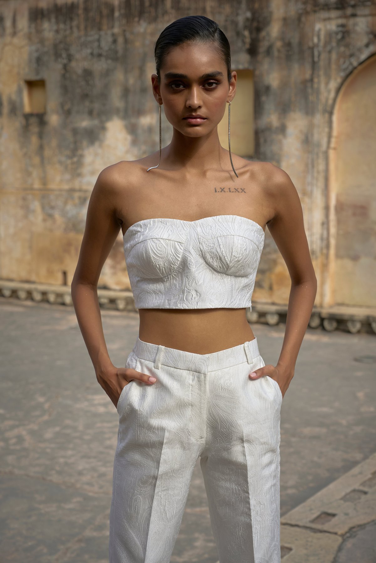 Ivory Jacquard Strapless Bralette Crop Top
