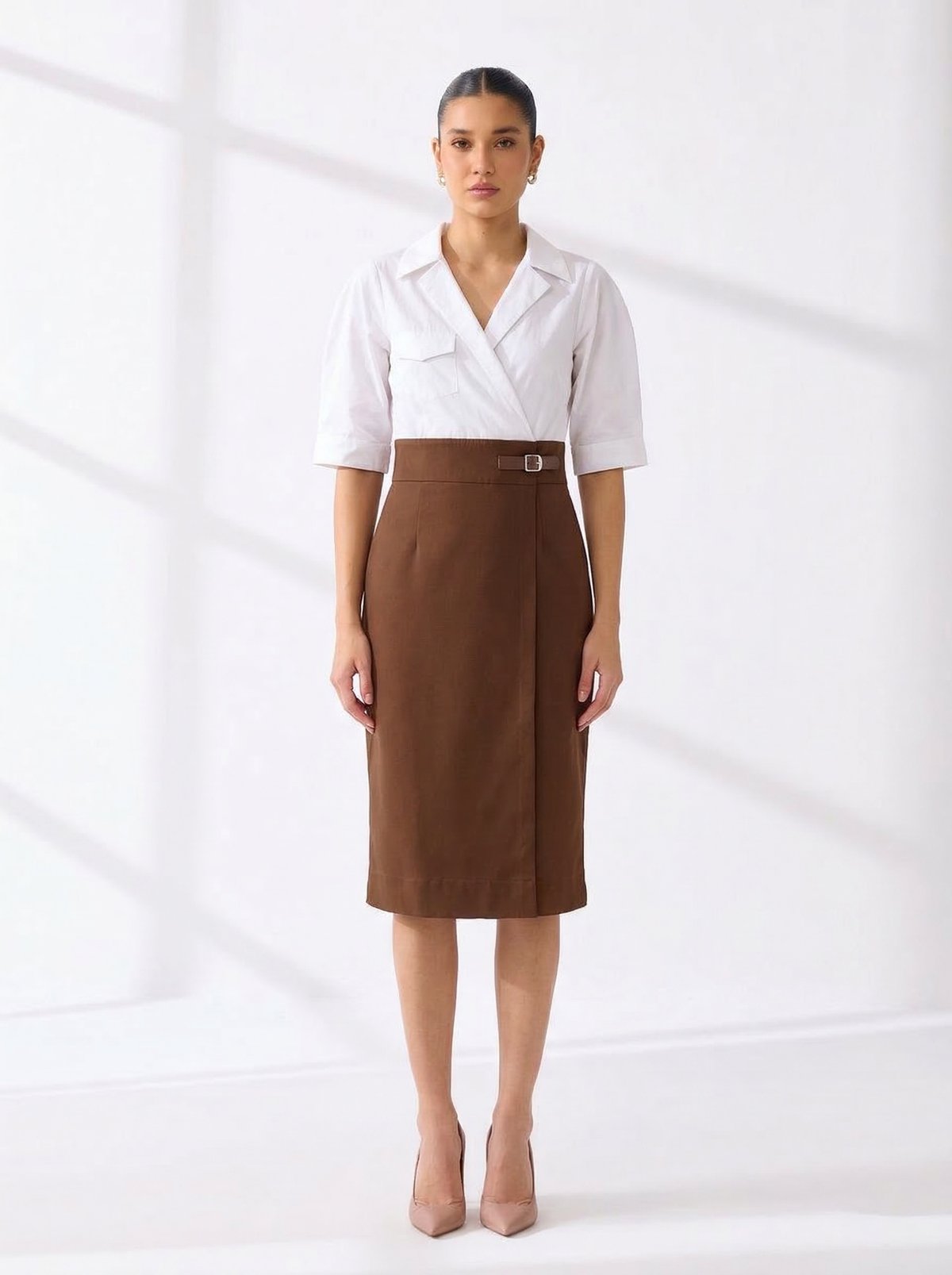 White and Brown Colorblocked Crepe Midi Dress
