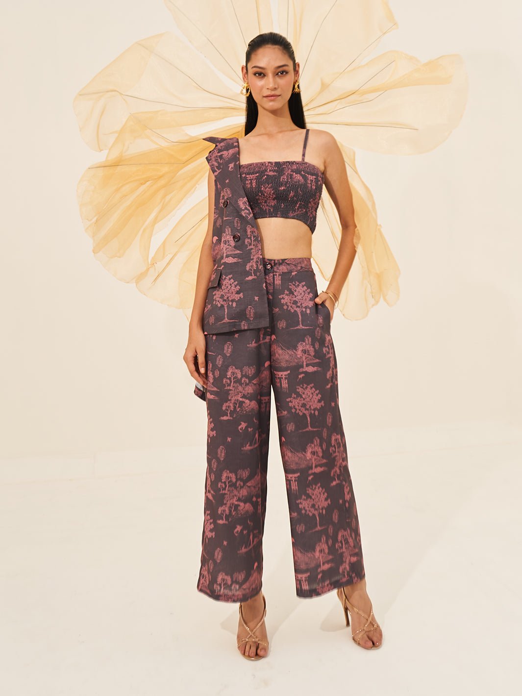 Mauve Printed 3-Piece Co-ord Set with Vest Jacket