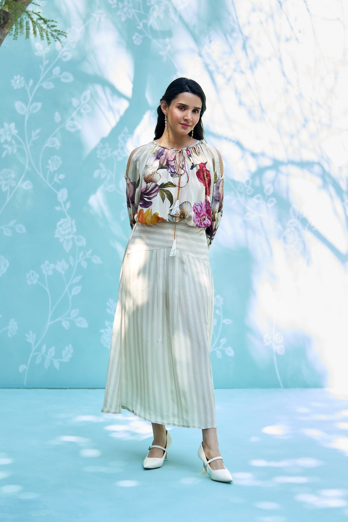 Ivory Floral Tie-Up Top and Midi Skirt Co-ord Set