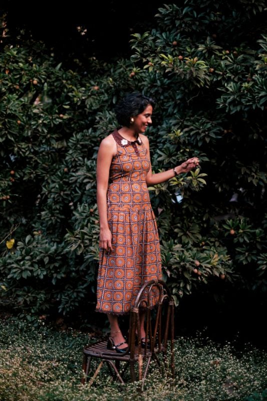 Brown Block Print Collared Sleeveless Midi Dress