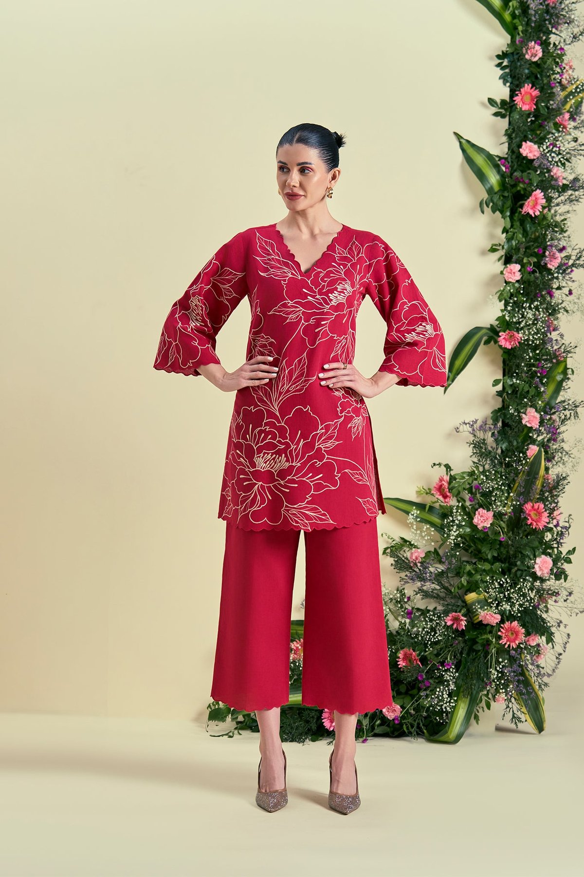 Red Embroidered Tunic and Wide-Leg Pants Co-ord Set