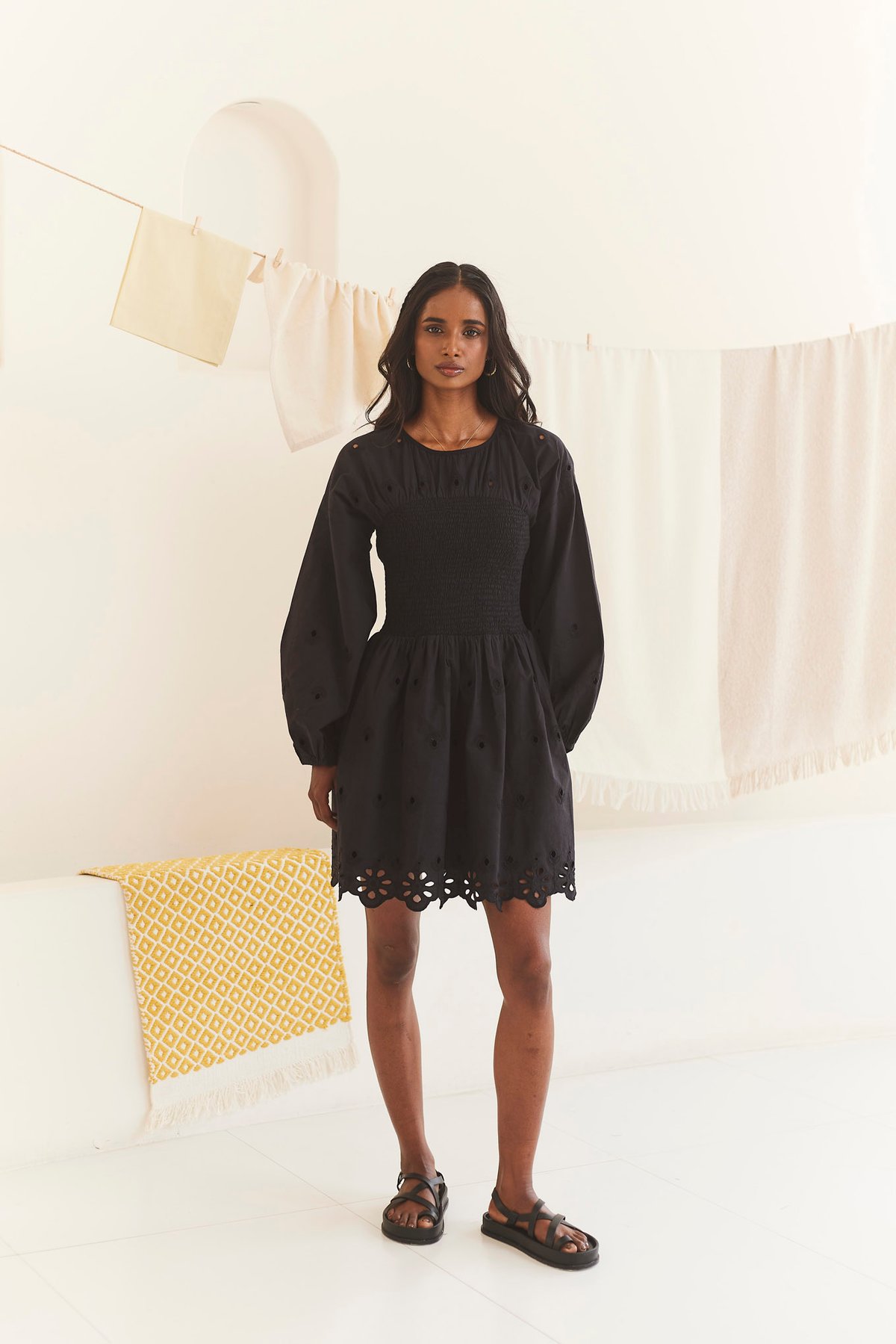 Black Schiffli Smocked Mini Dress with Puff Sleeves