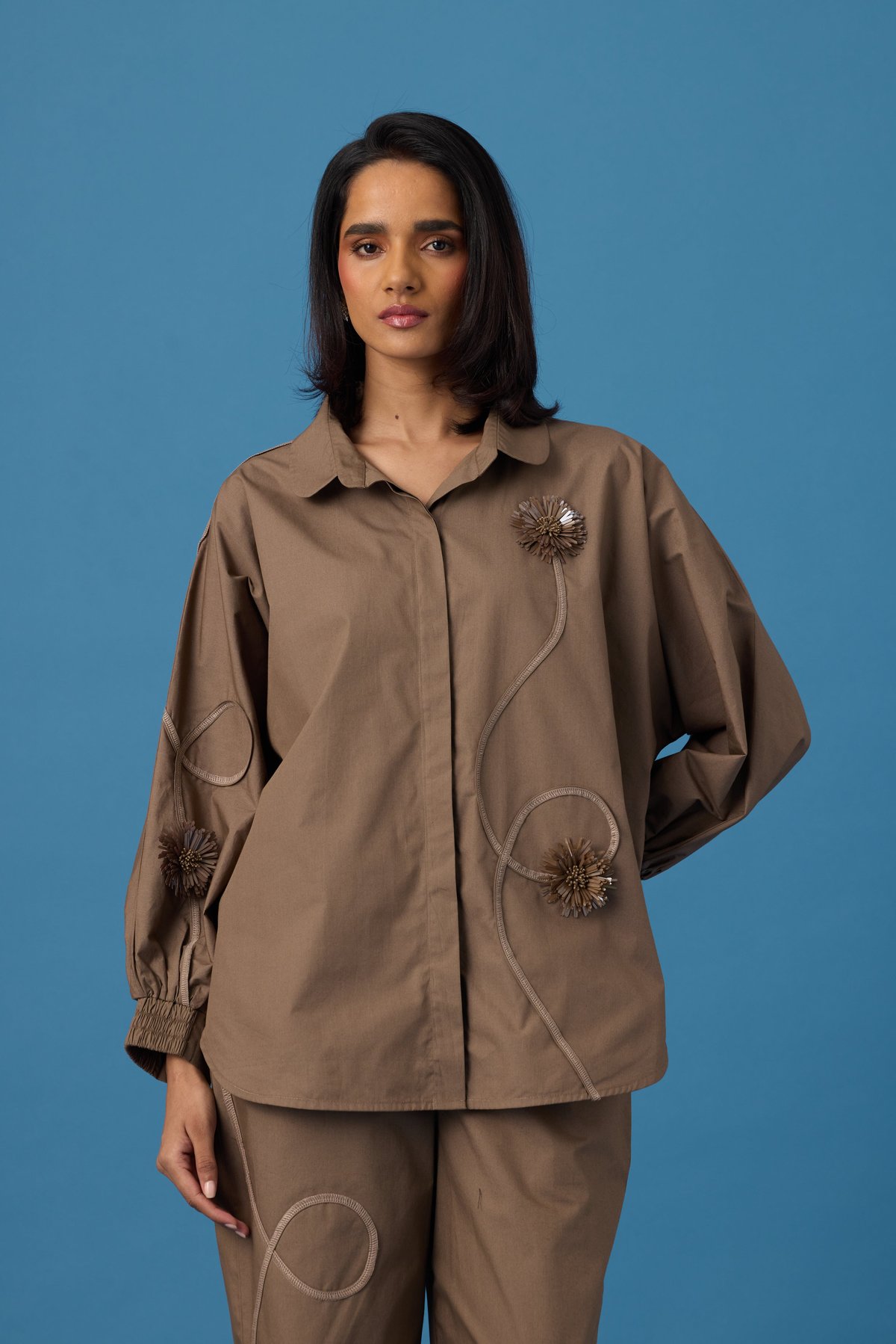 Earth Brown Floral Appliqué Relaxed Fit Cotton Poplin Shirt