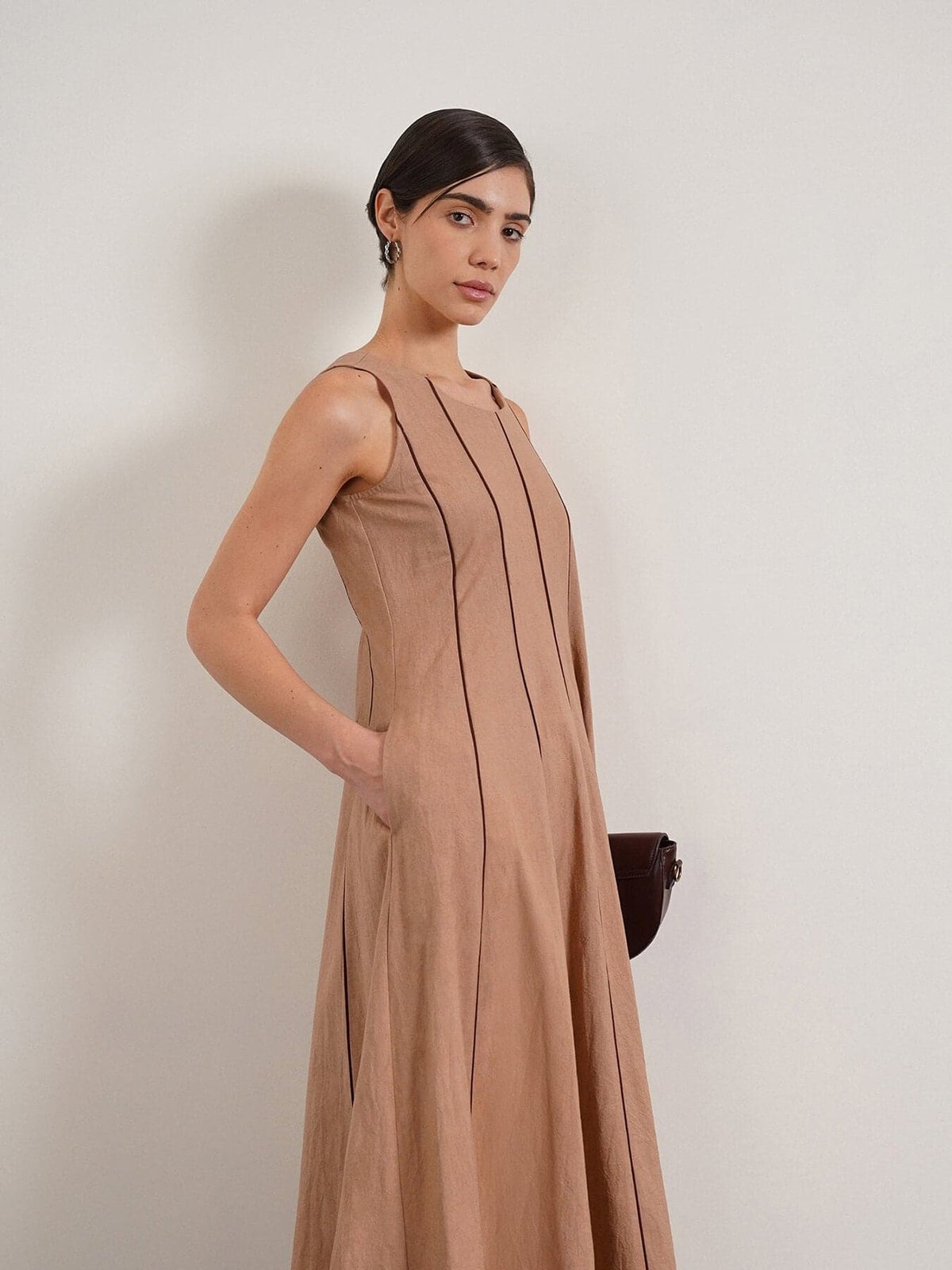 Beige Pure Cotton Fit and Flare Midi Dress