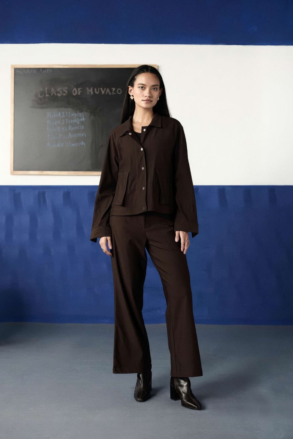 Dark Brown Boxy Jacket and Wide-Leg Pants Co-ord Set