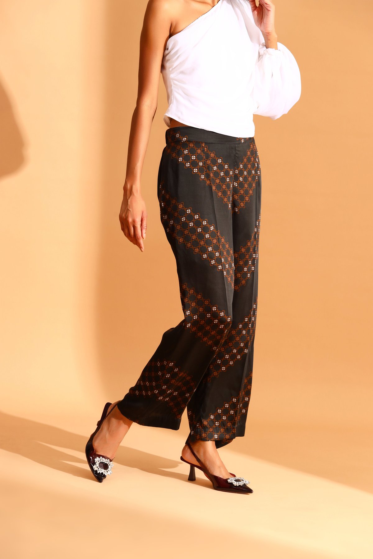Brown/Black Wide-Leg Printed Cupro Trousers