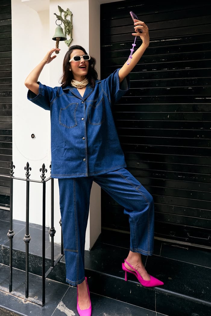 Sky Blue Denim Shirt and Wide-Leg Pants Co-ord Set