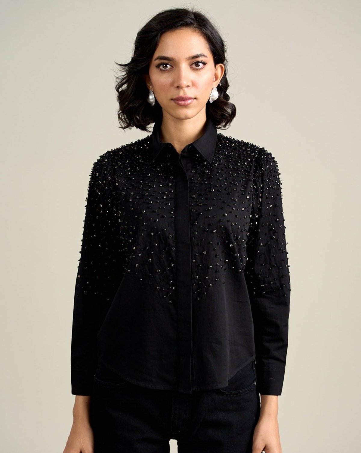 Black Embellished Button-Down Shirt