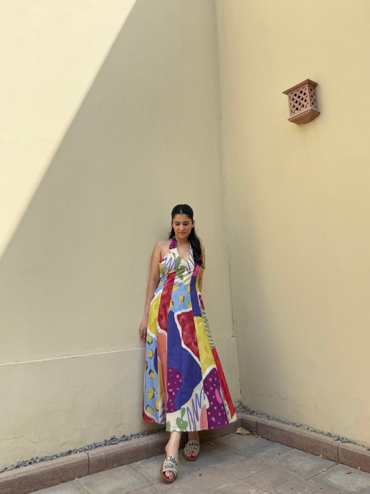 Multicolor Abstract Print Halter Maxi Dress