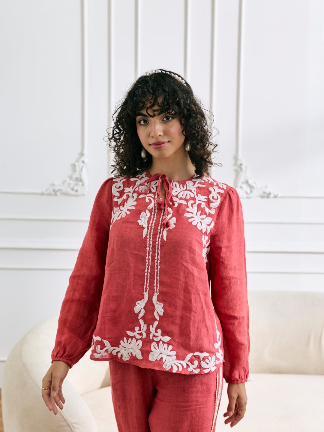 Pink Linen Tie-Up Neck Embroidered Top