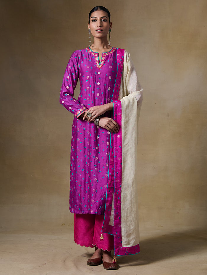 Pink Straight Kurta Set with Button Front and Dupatta