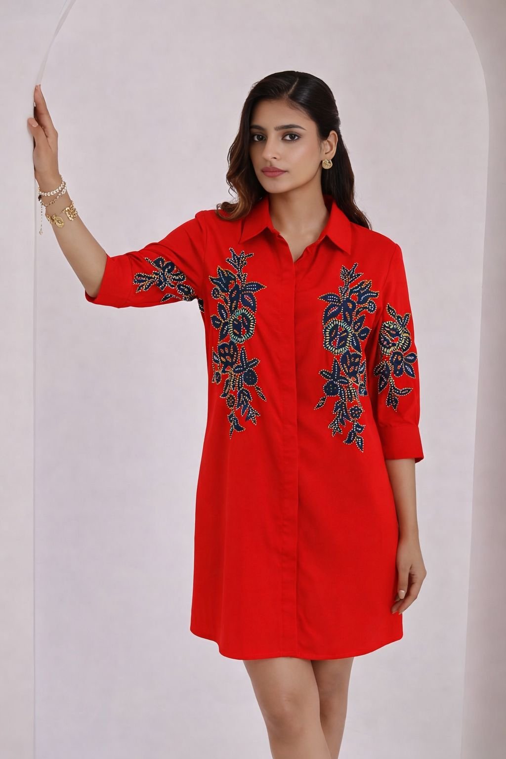 Red Cotton Collared Shirt Dress with Statement Motif Detail