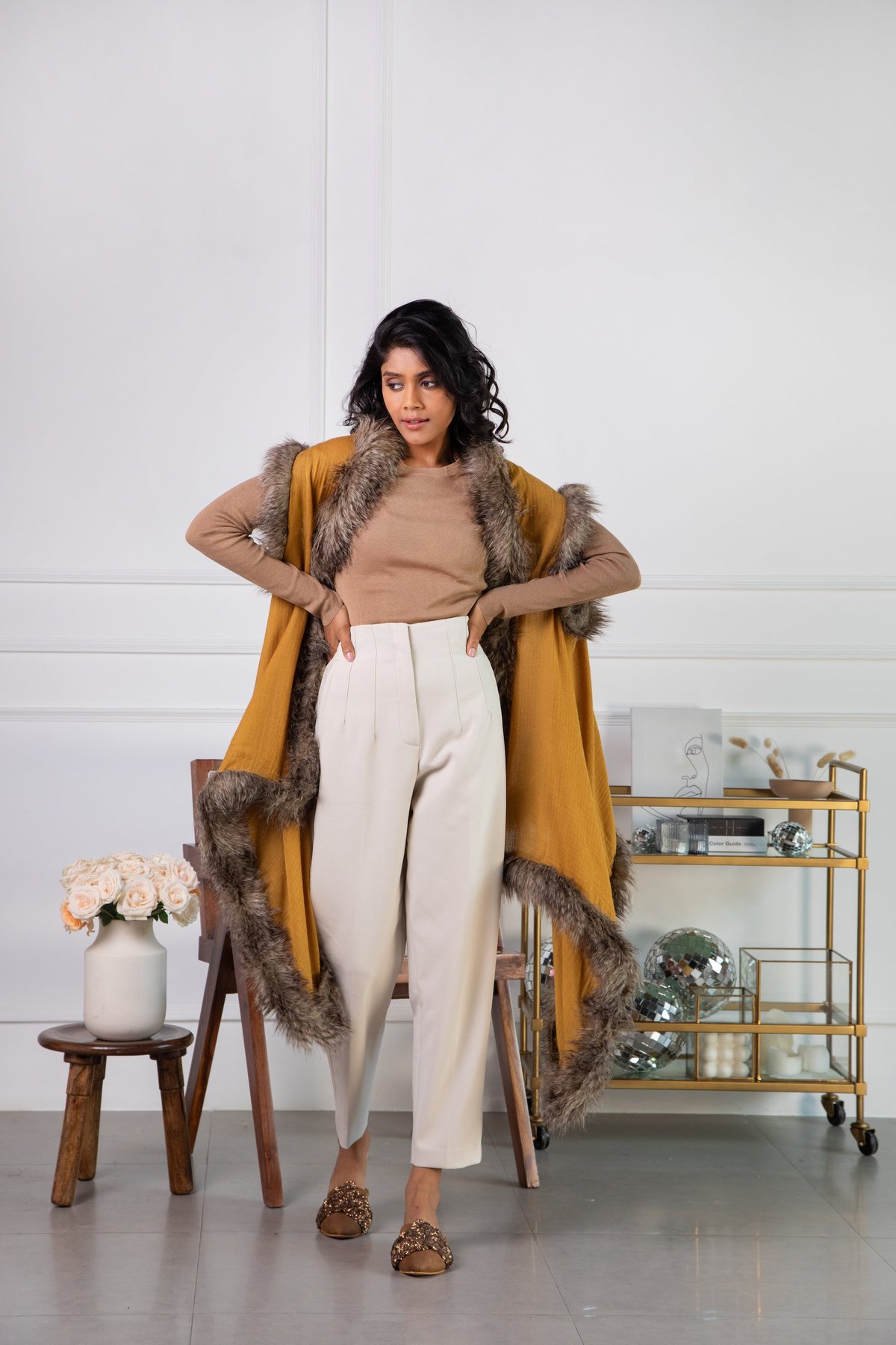 Ochre Wool Cape with Faux Fur Trim