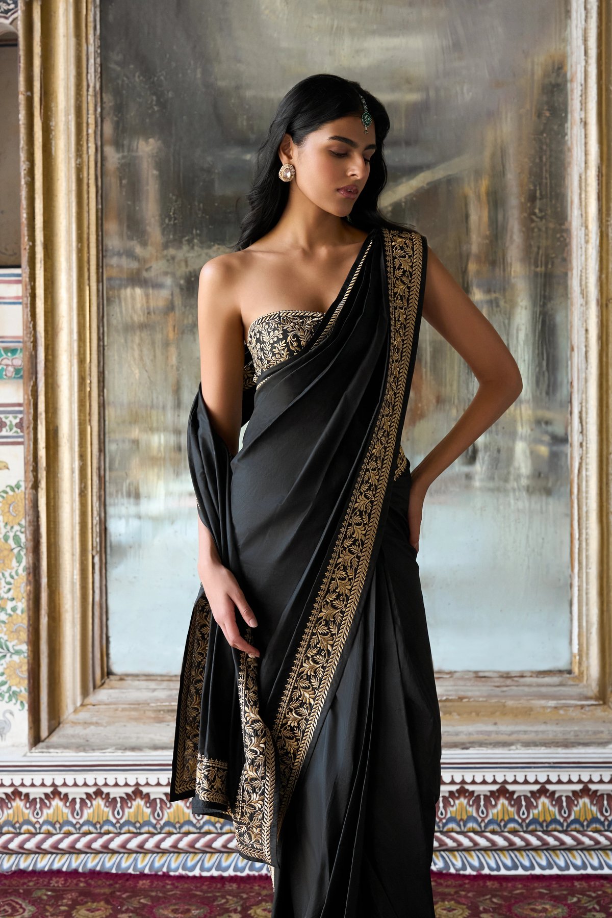 Metallic Thread Embroidered Bralette & Sari Drape Skirt Set