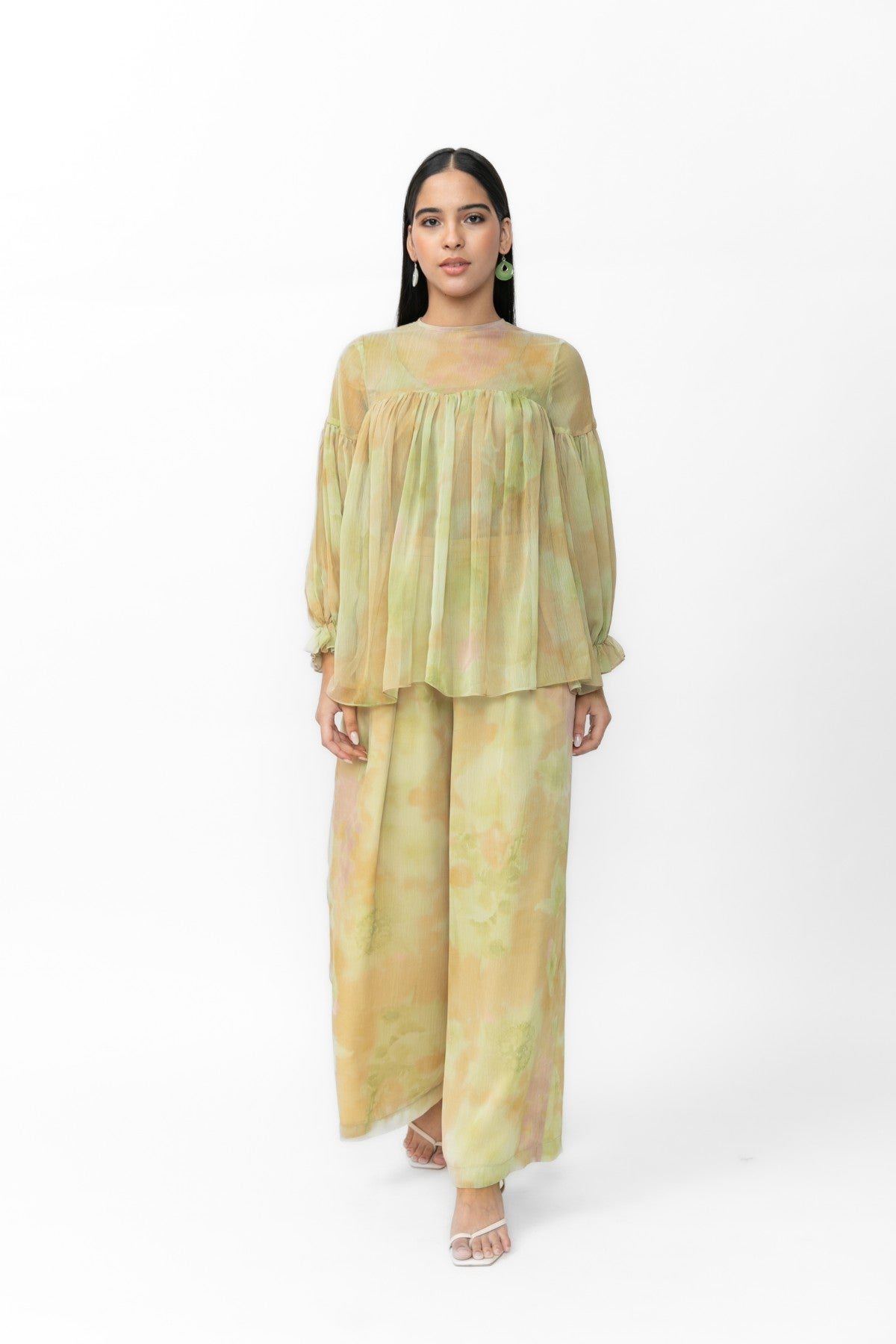Green Chiffon Floral Co-ord Set with Sheer Yoke