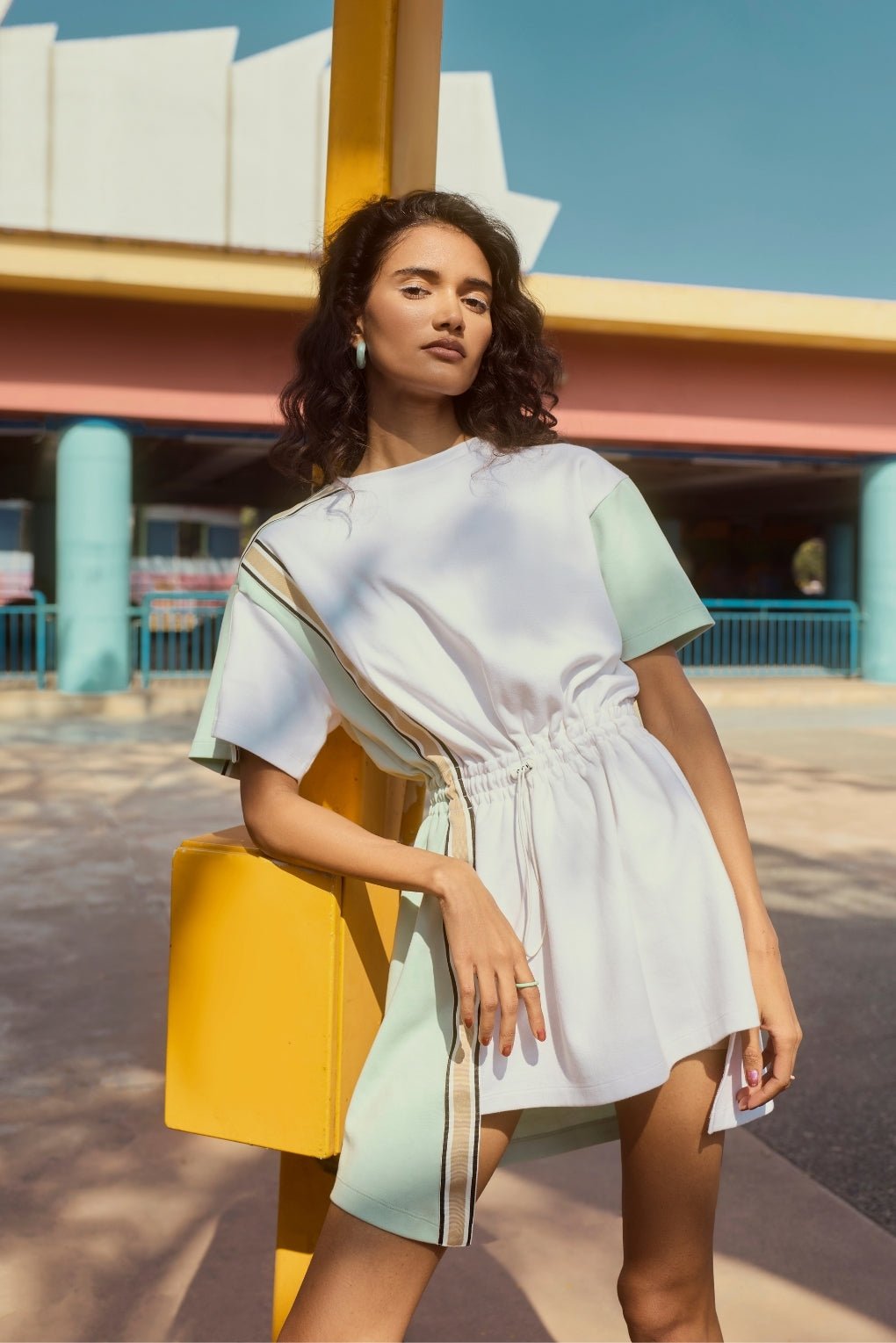 Off-White/Mint Colorblocked T-Shirt Mini Dress