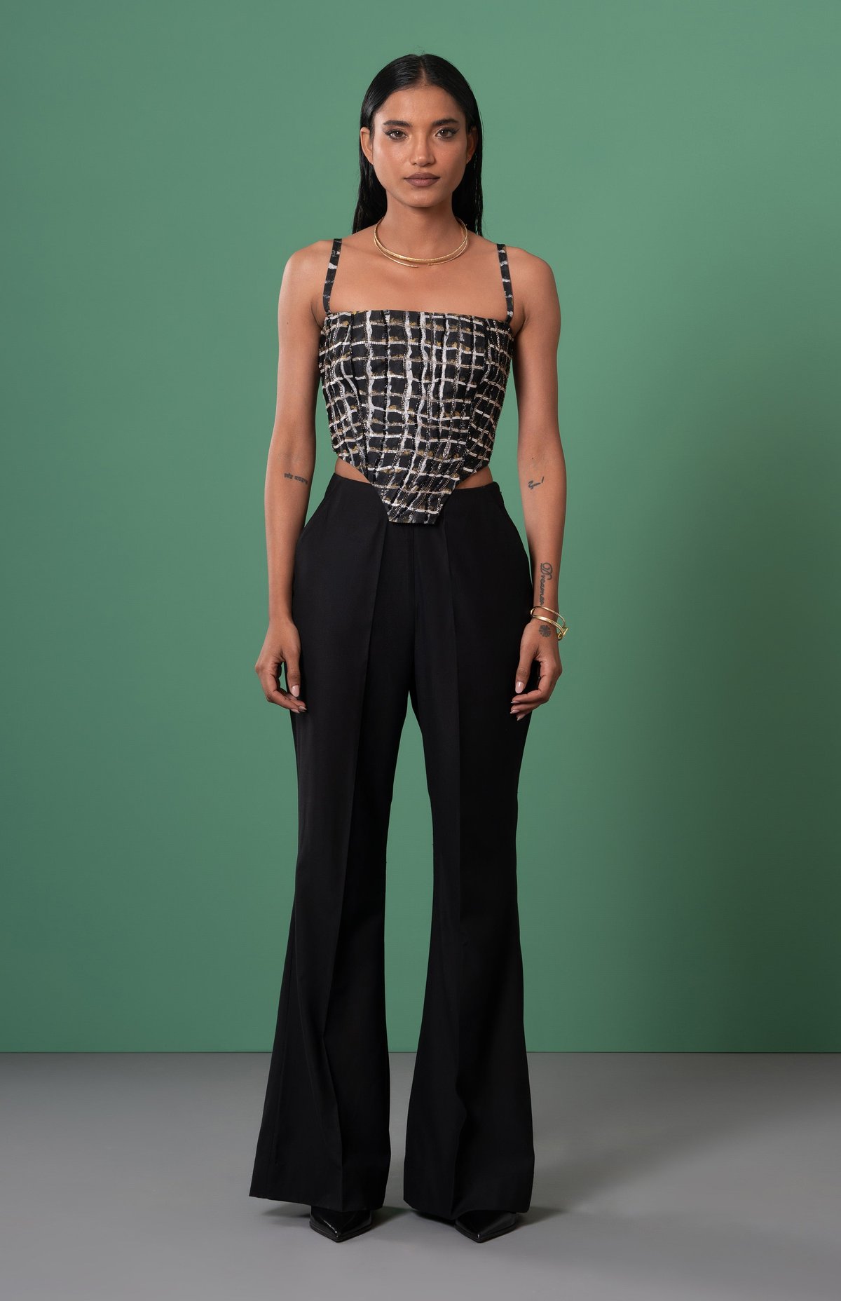 Black and White Geometric Printed Tie-Up Corset Top