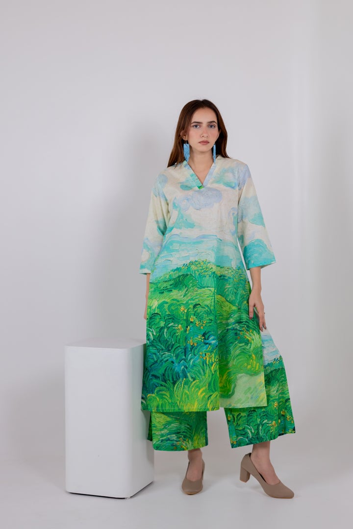 Multicolor Landscape Print Cambric Cotton Kurta Set
