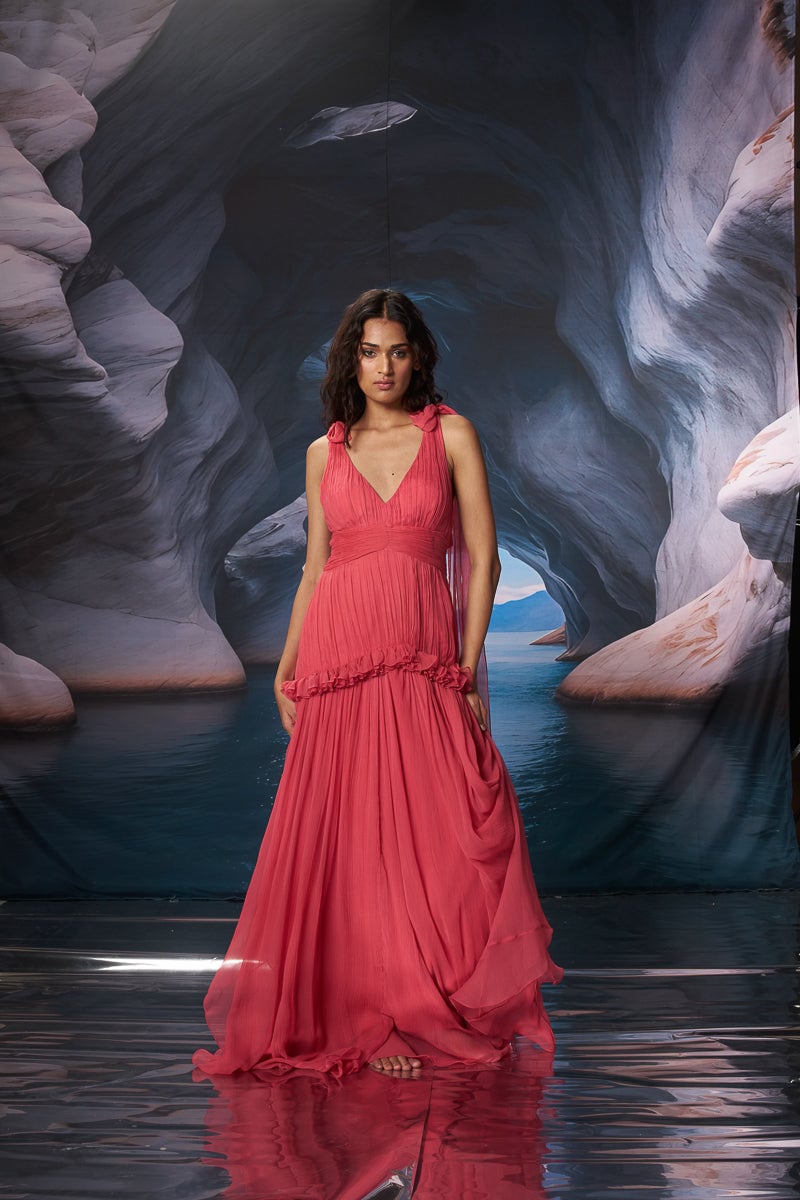 Coral Plunging V-Neck Pleated Maxi Gown Dress