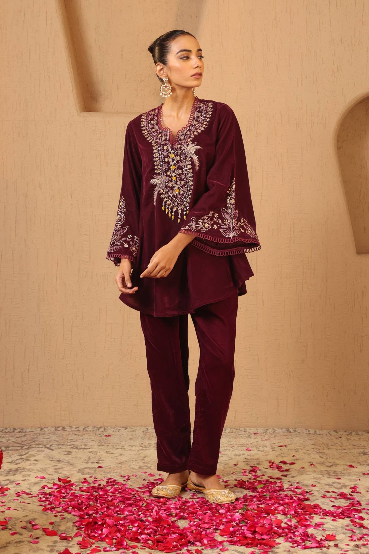 Wine Velvet Embroidered A-Line Kurta Set with Narrow Pants