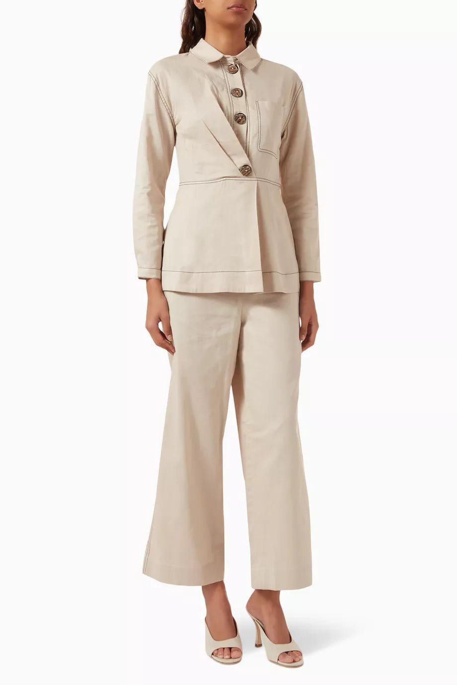 Beige Linen Tailored Co-ord Set with Wide-Leg Pants