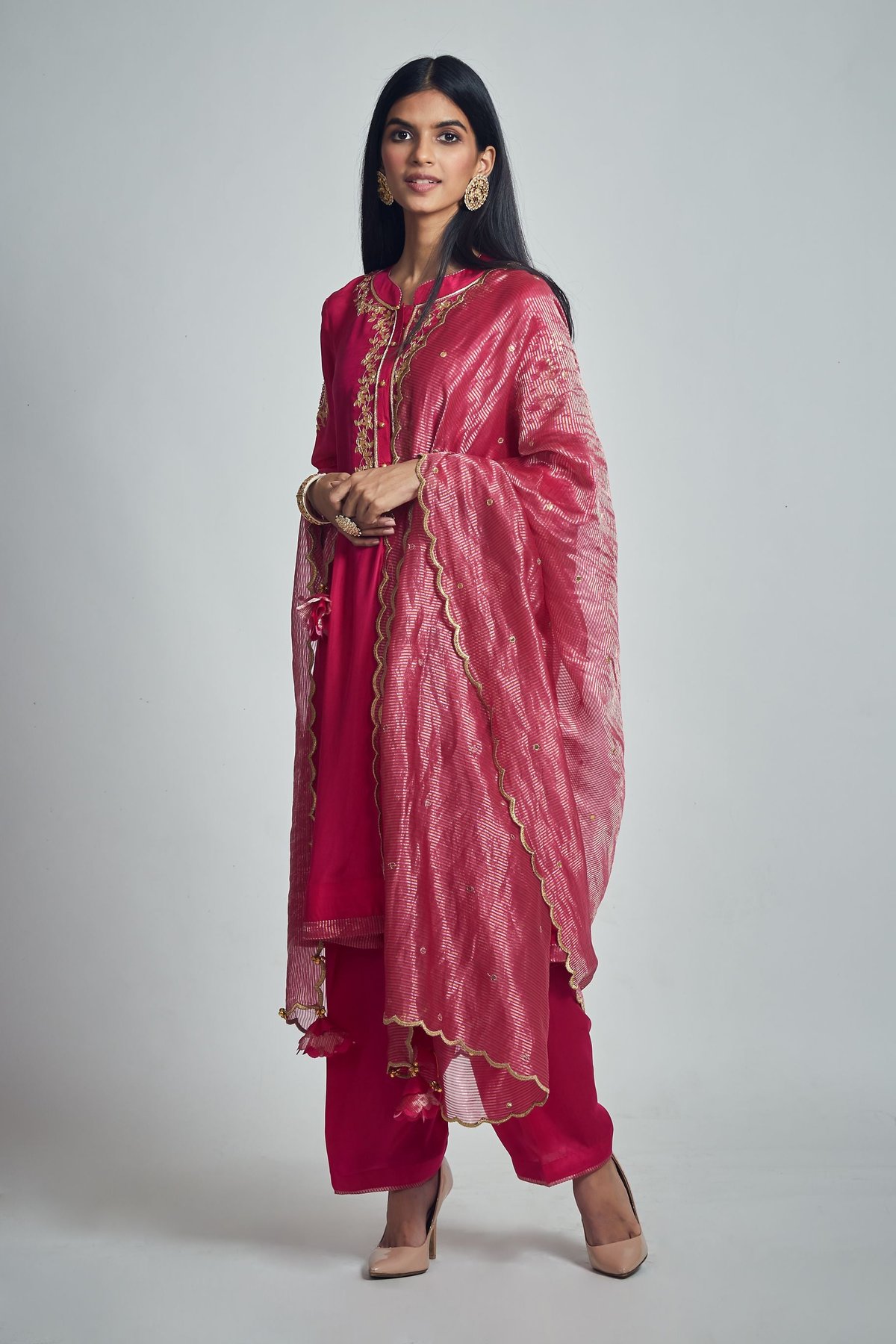 Hot Pink Embroidered Silk Kurta Set with Salwar and Dupatta