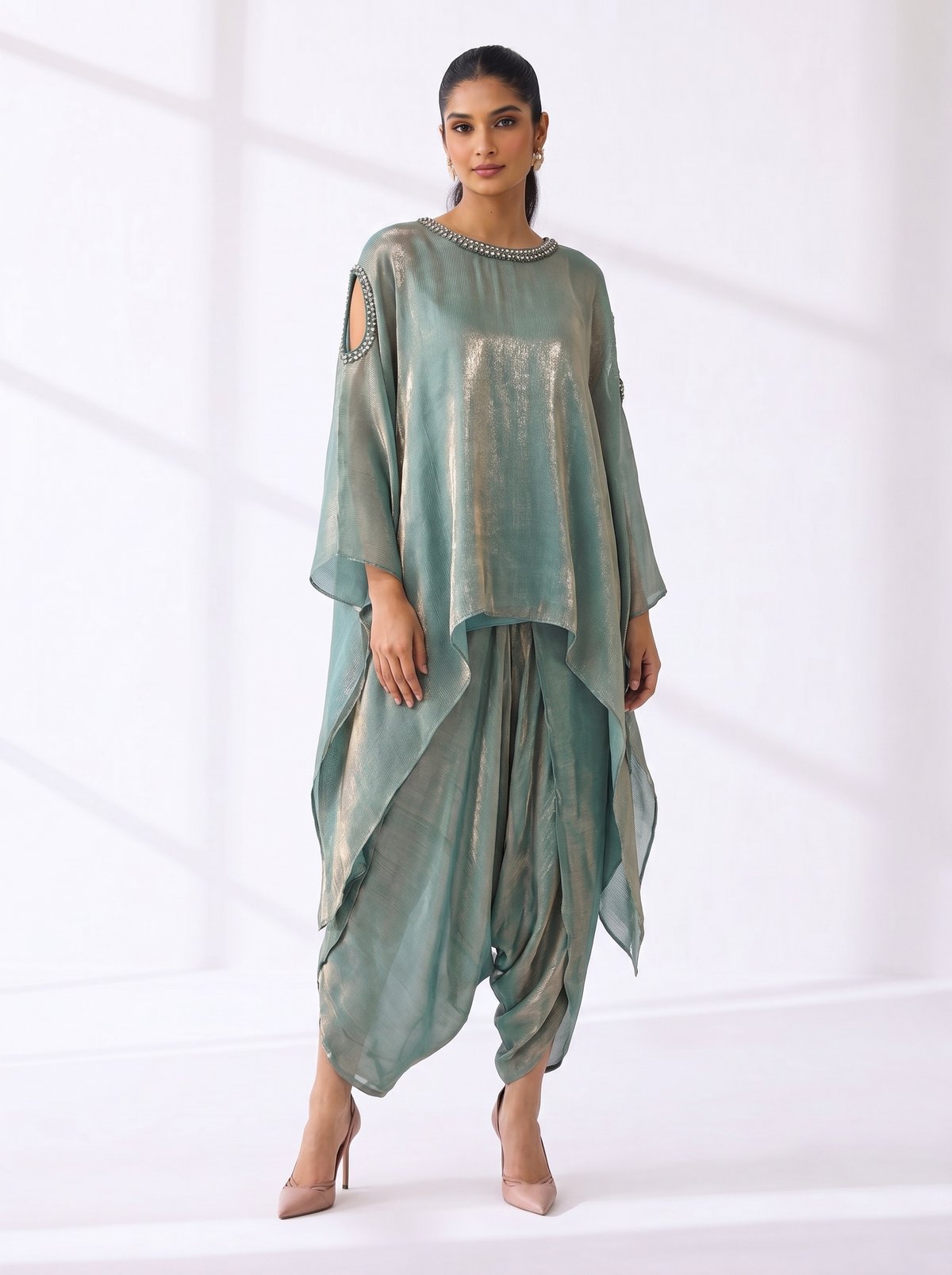 Metallic Green Kaftan and Dhoti Co-ord Set