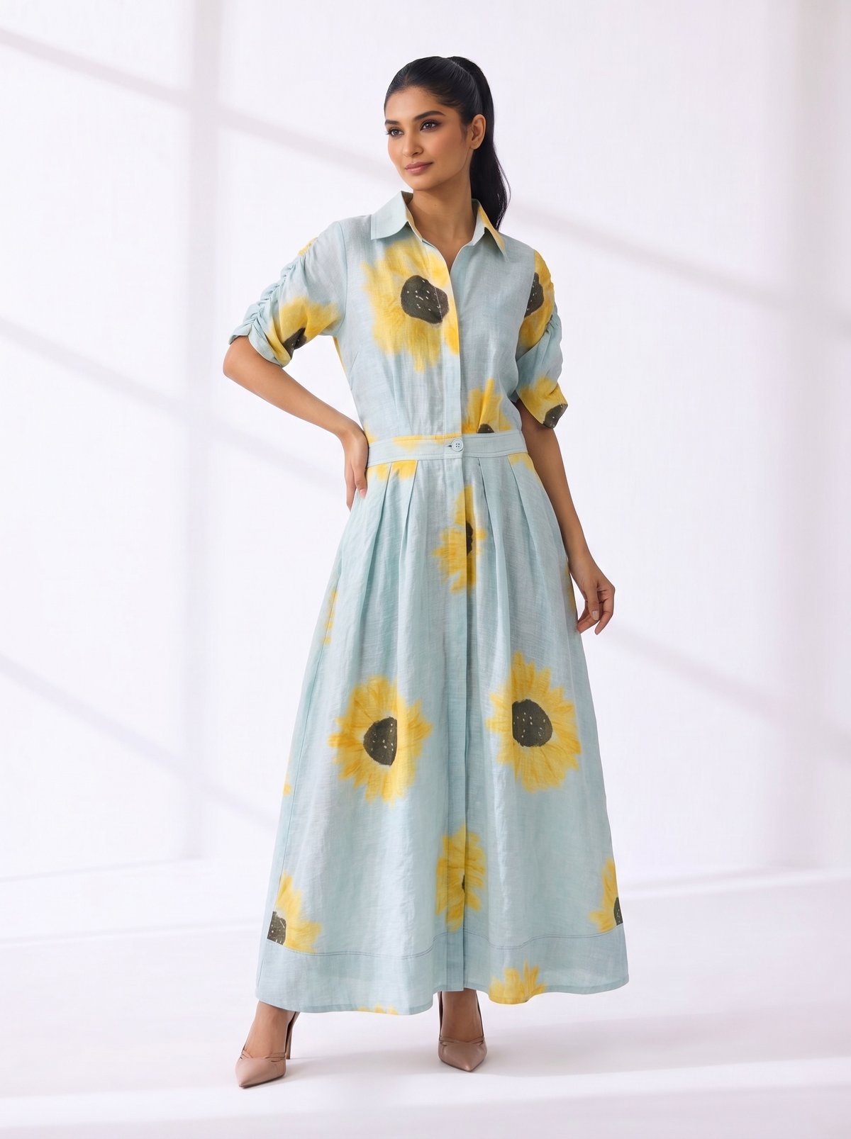 Sunflower Print Maxi Shirt Dress