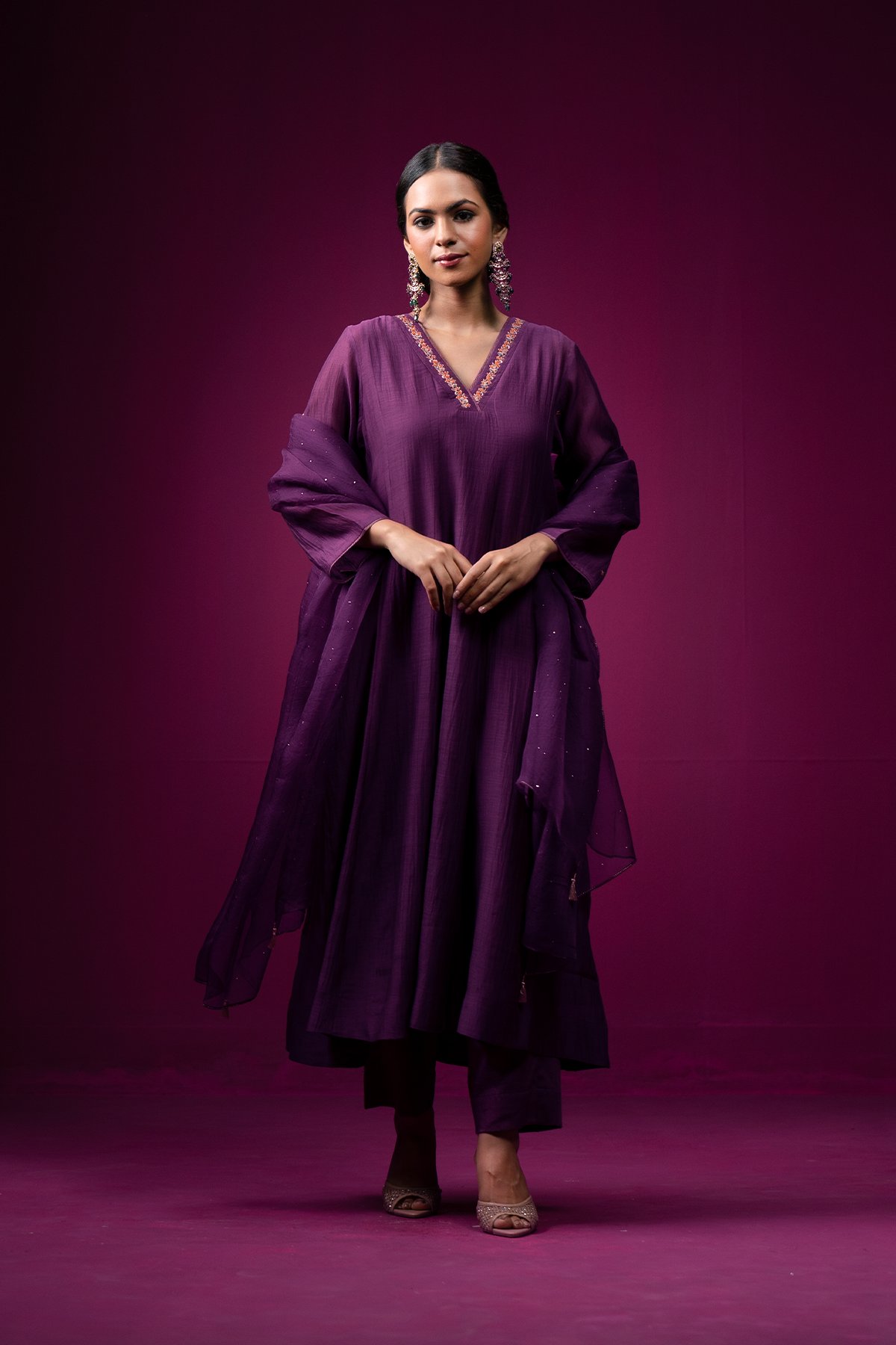 Deep Plum Hand-Embroidered Silk Chanderi Kurta Set