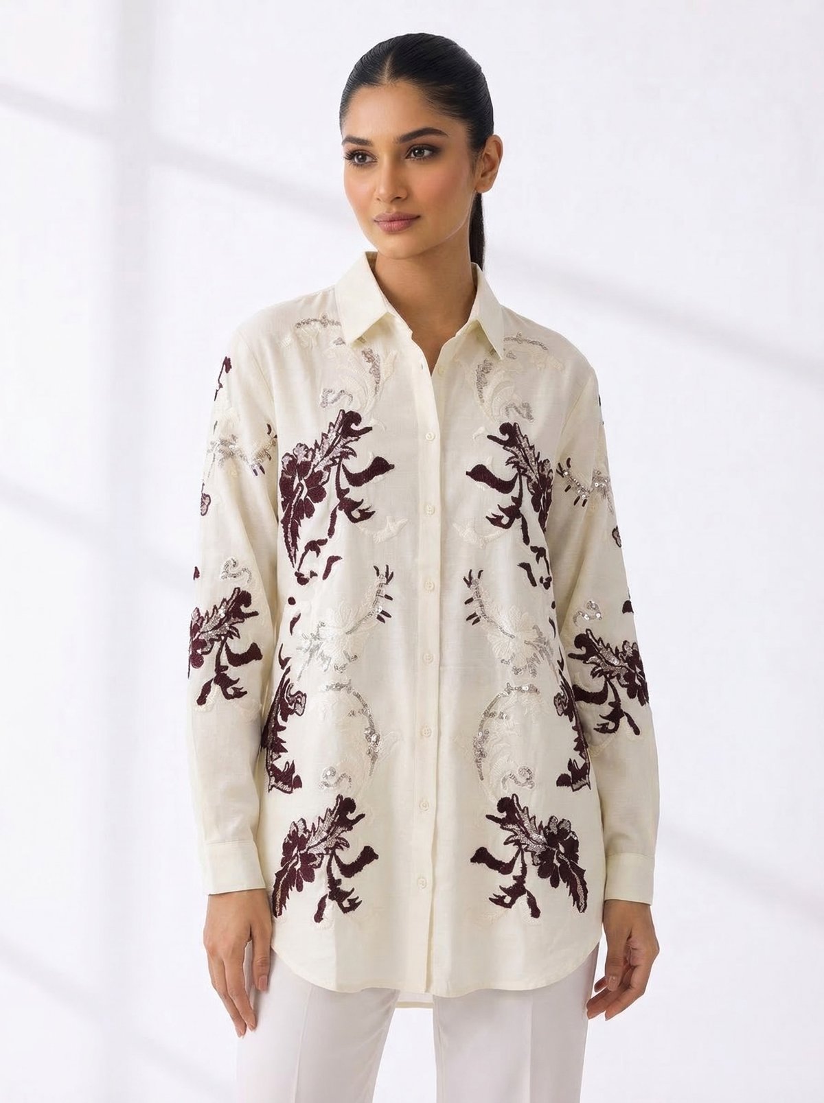 Beige Linen Longline Shirt with Floral Embroidery
