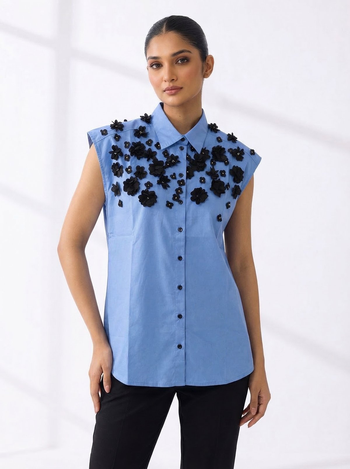 Periwinkle Sleeveless Button-Down Shirt with Floral Applique