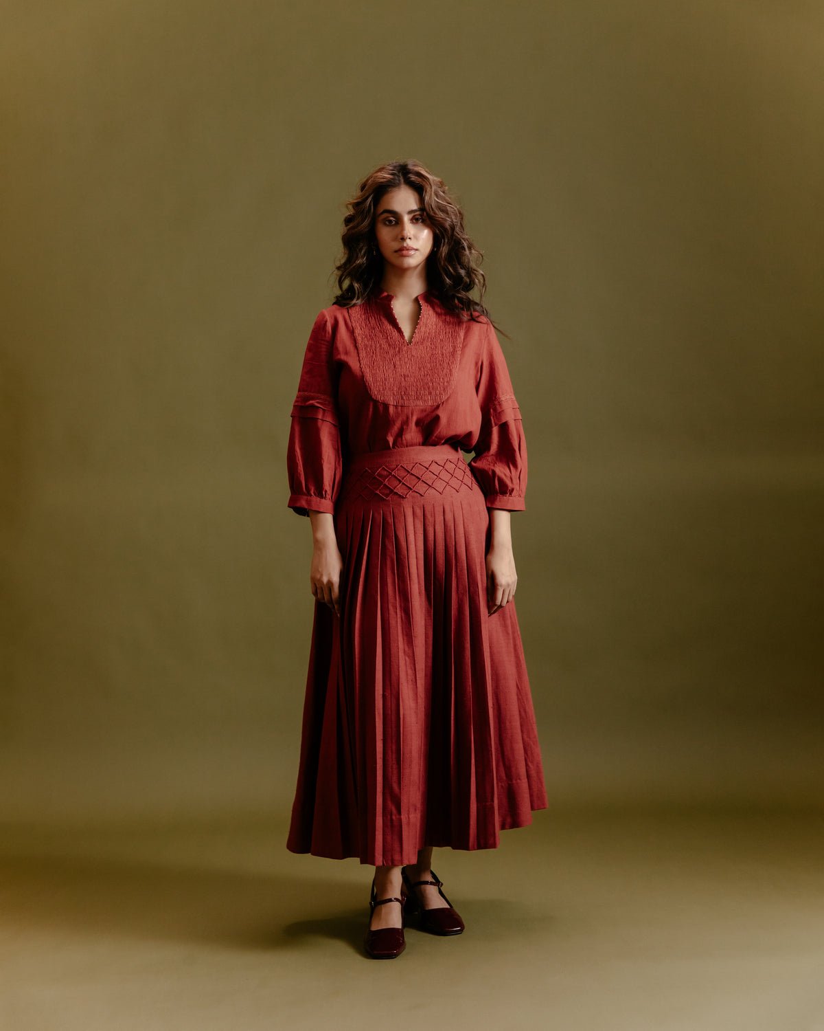 Rust Handloom Khadi Pleated Midi Skirt