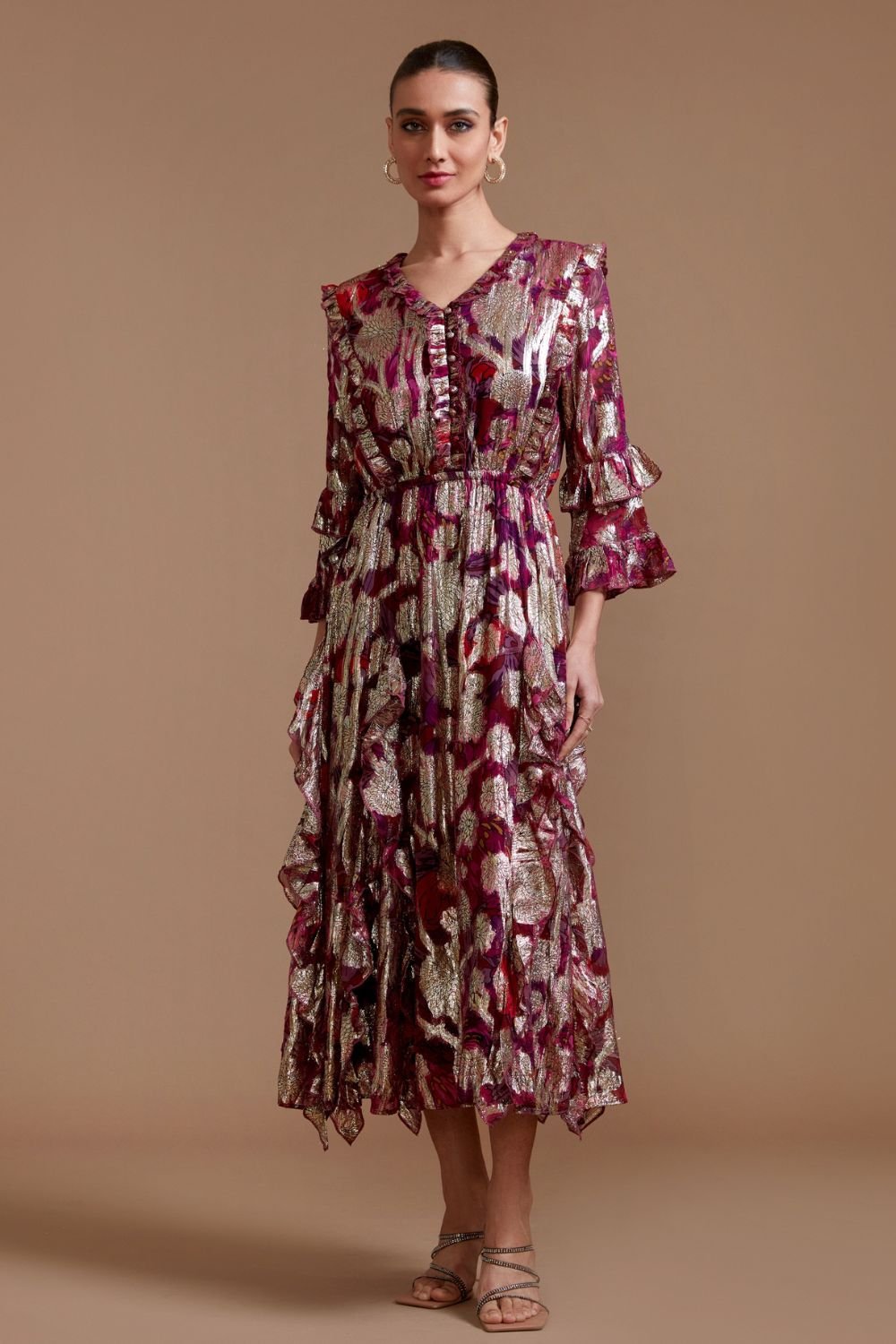 Burgundy Metallic Floral Ruffle Fit and Flare Midi Dress