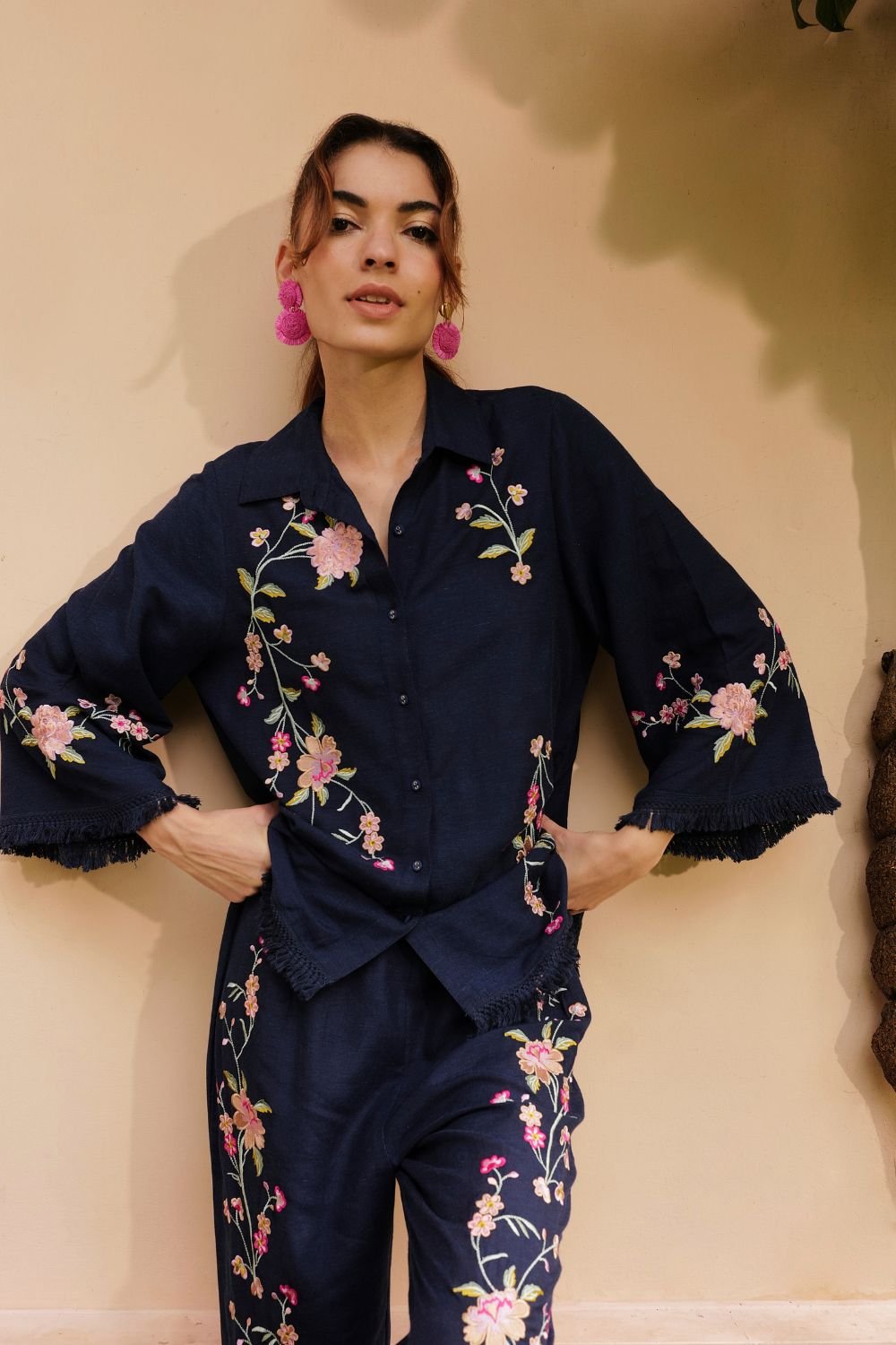 Deep Blue Embroidered Button-Down Shirt