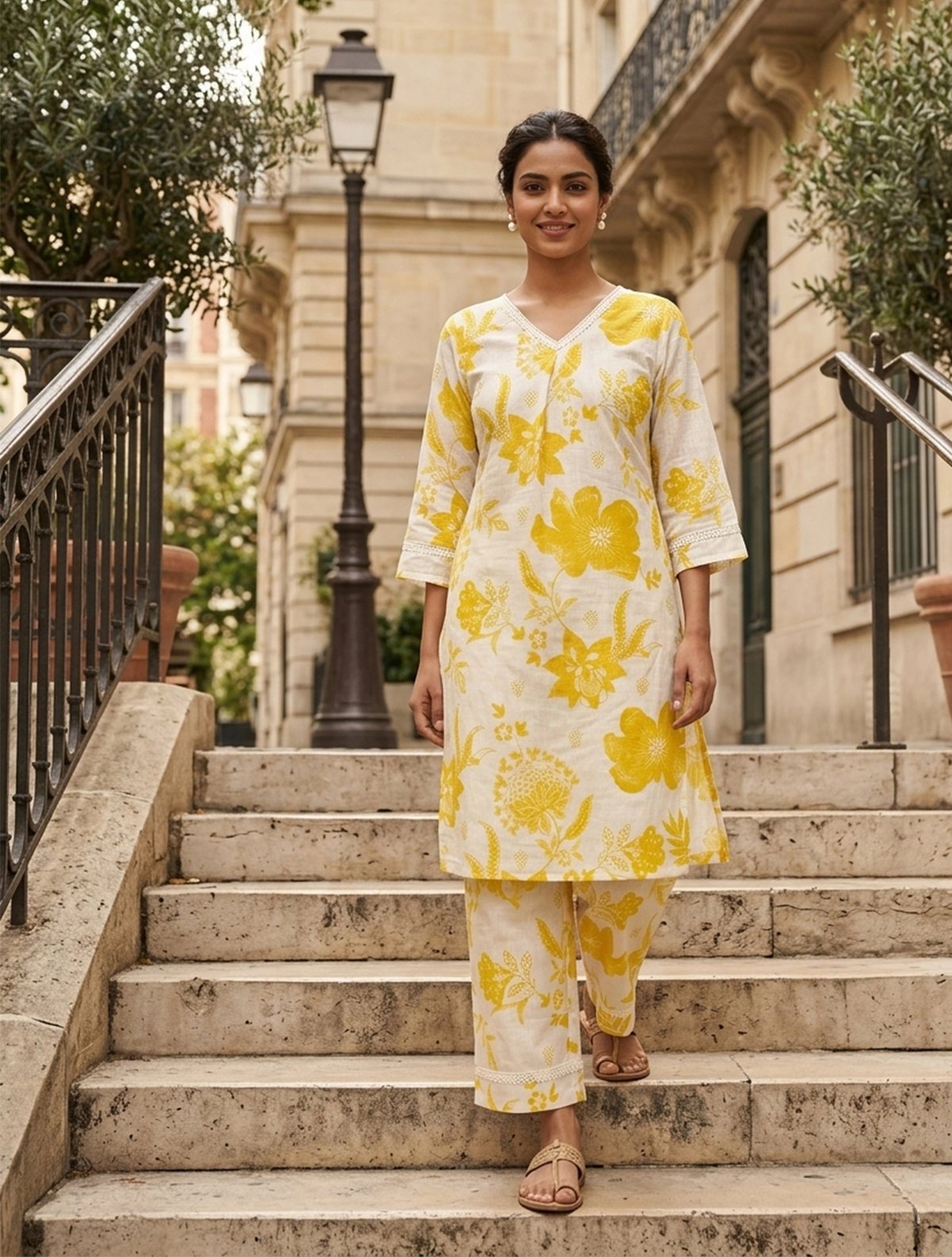 White Yellow Floral Print Straight Kurta Pant Set