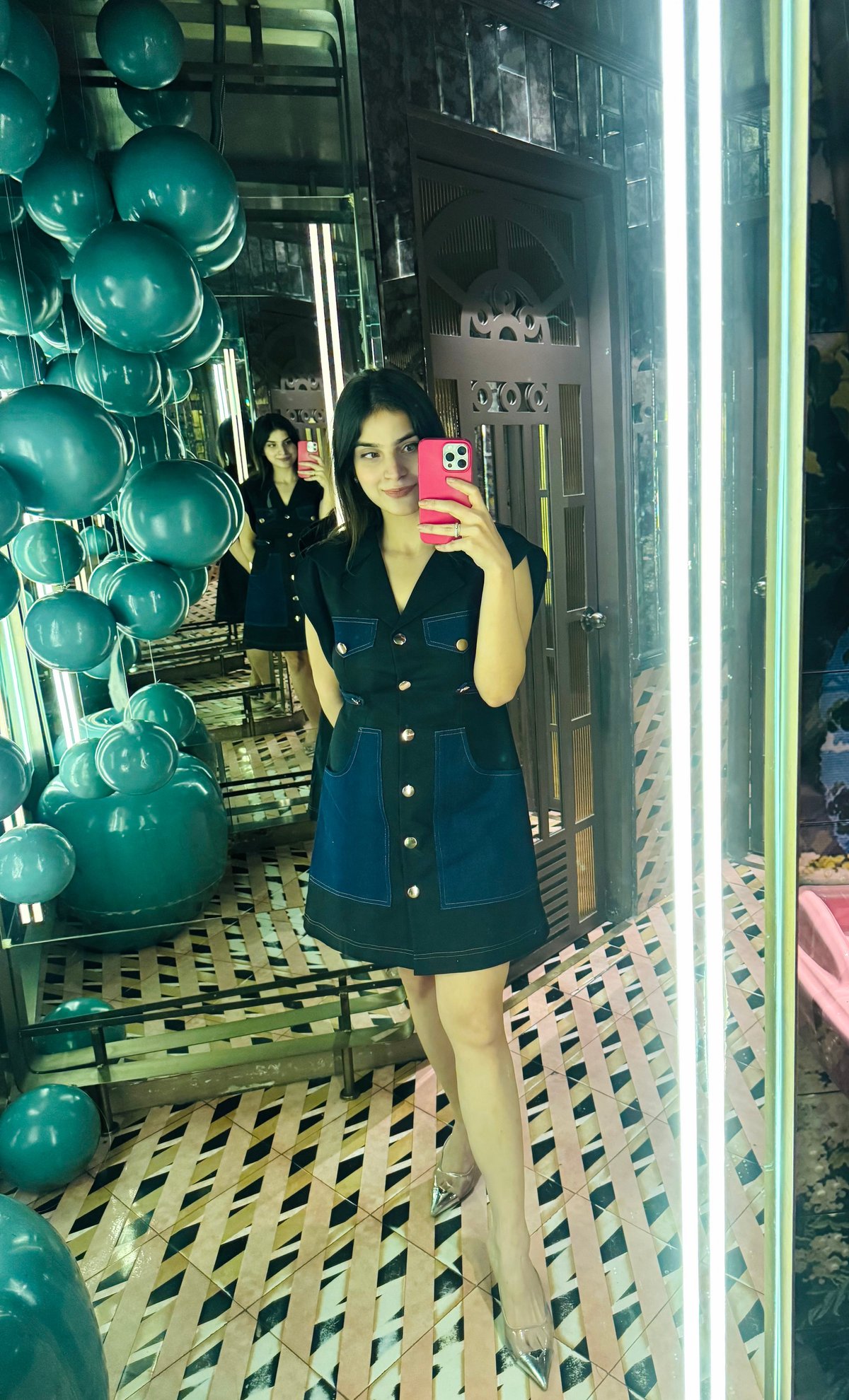 Blue Dual-Tone Denim Mini Shirt Dress with Utility Pockets
