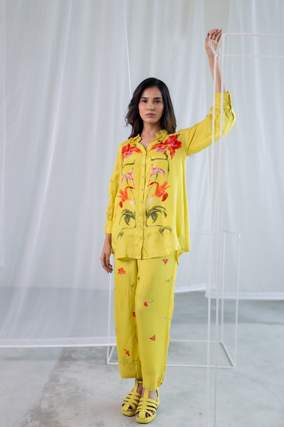 Lime Green Floral Silk Voile Shirt Co-ord Set