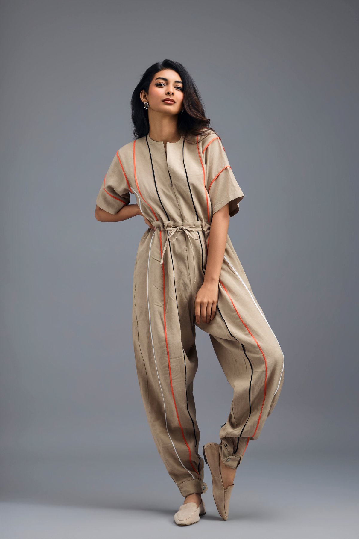 BEIGE ZIP-FRONT JUMPSUIT