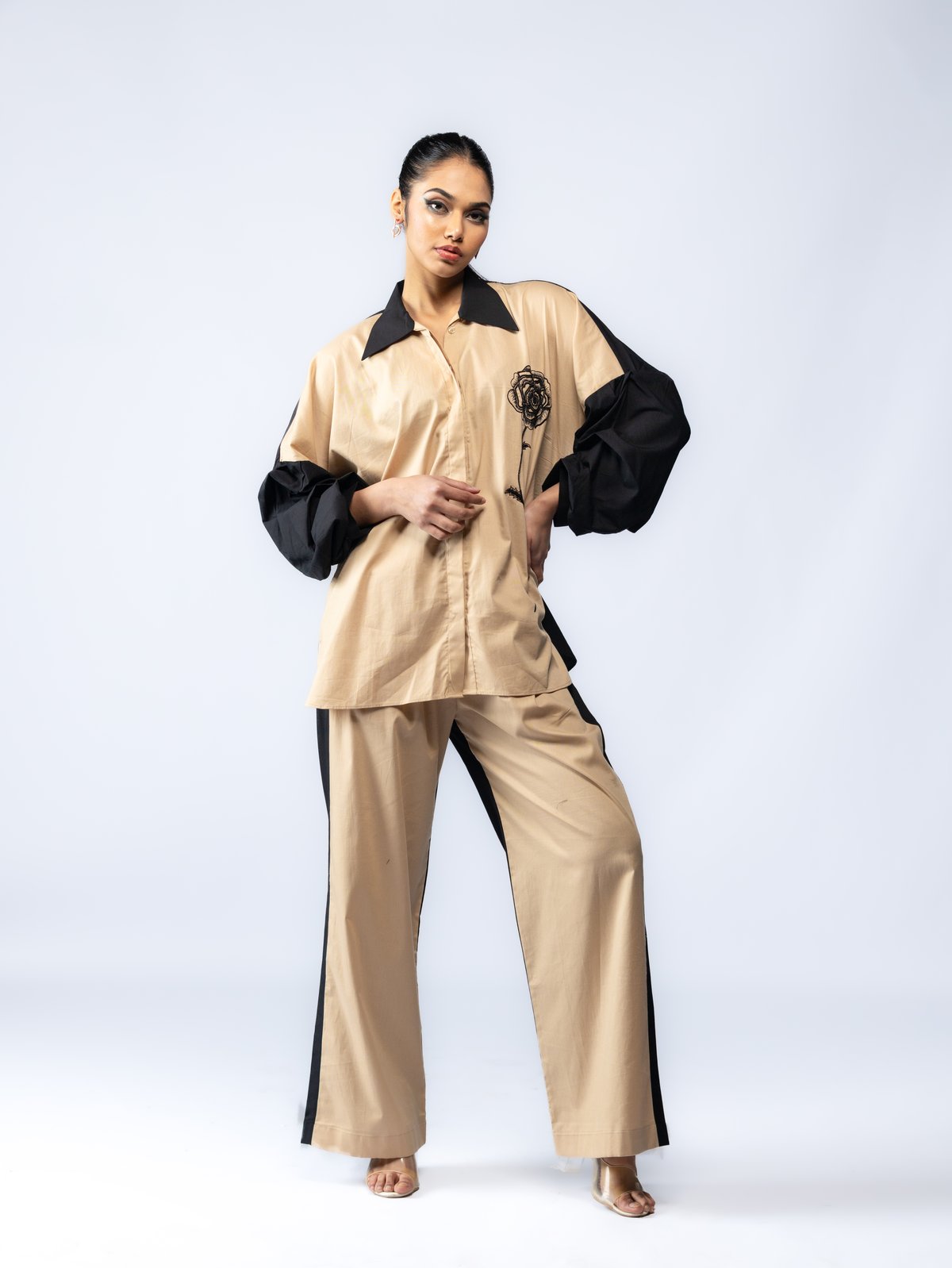 Beige and Black Colorblocked Shirt and Pant Co-ord Set