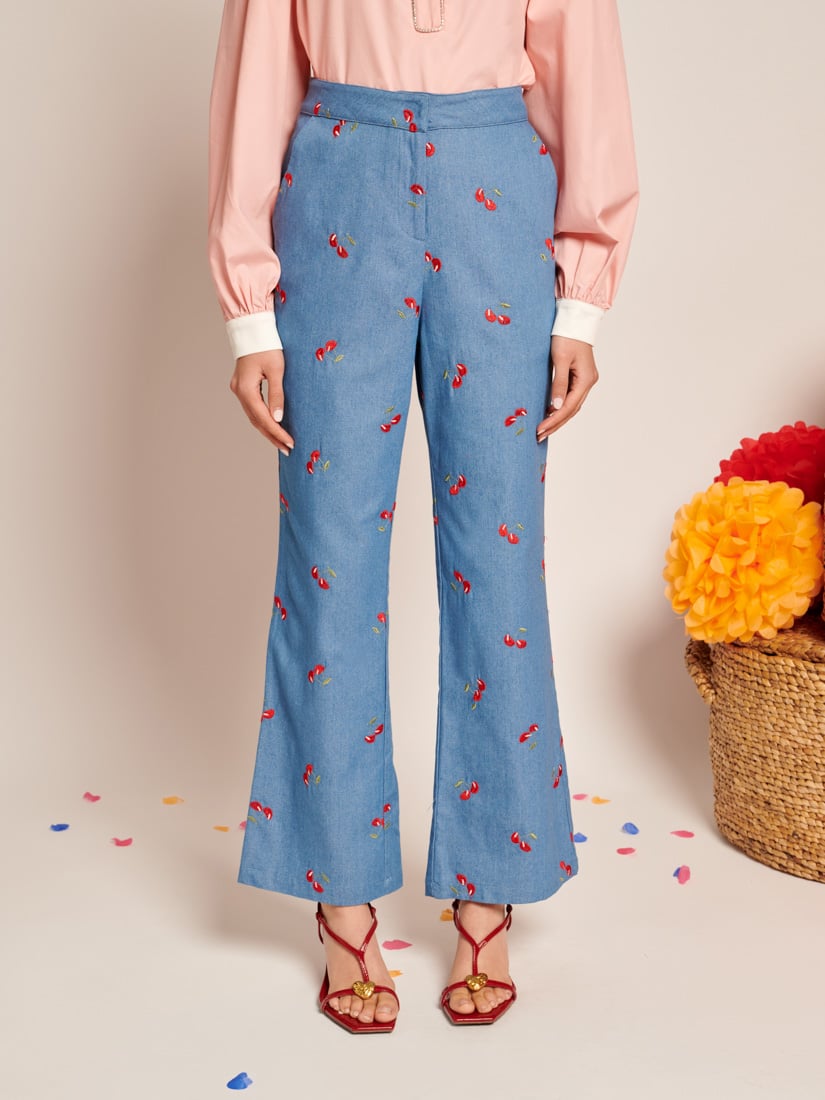 Blue Cherry Embroidered High-Waist Flared Denim Trousers