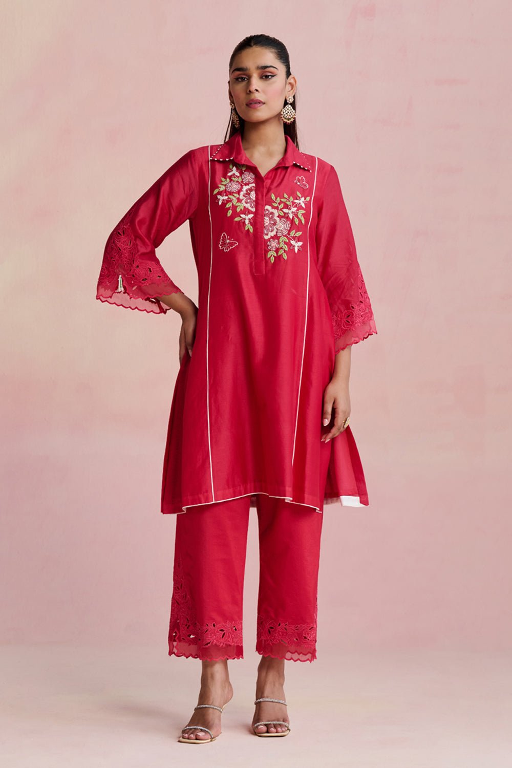 Red Chanderi Embroidered A-Line Kurta Set with Pants