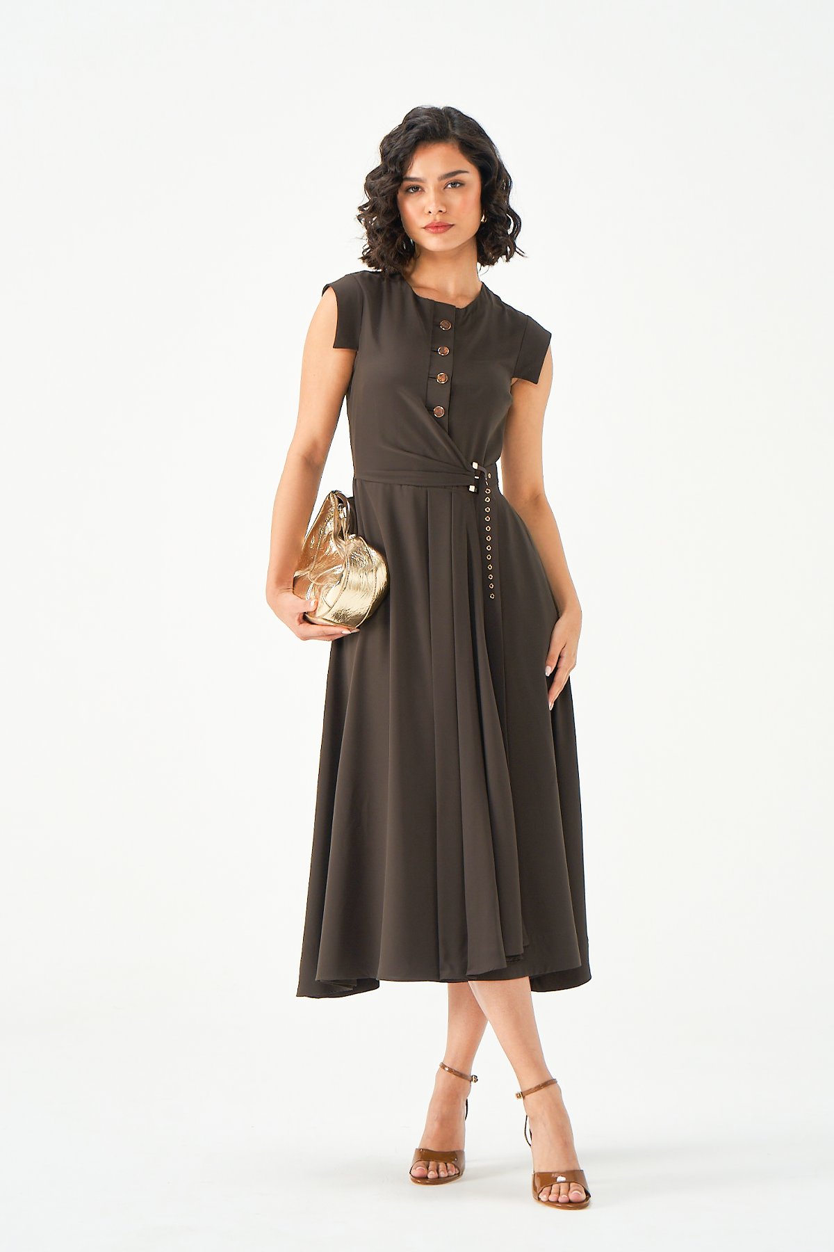 Dark Brown Crepe Fit and Flare Midi Dress