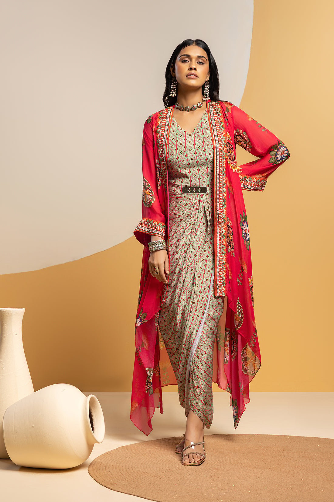 Multicolor Printed Drape Midi Dress Set With Organza Jacket