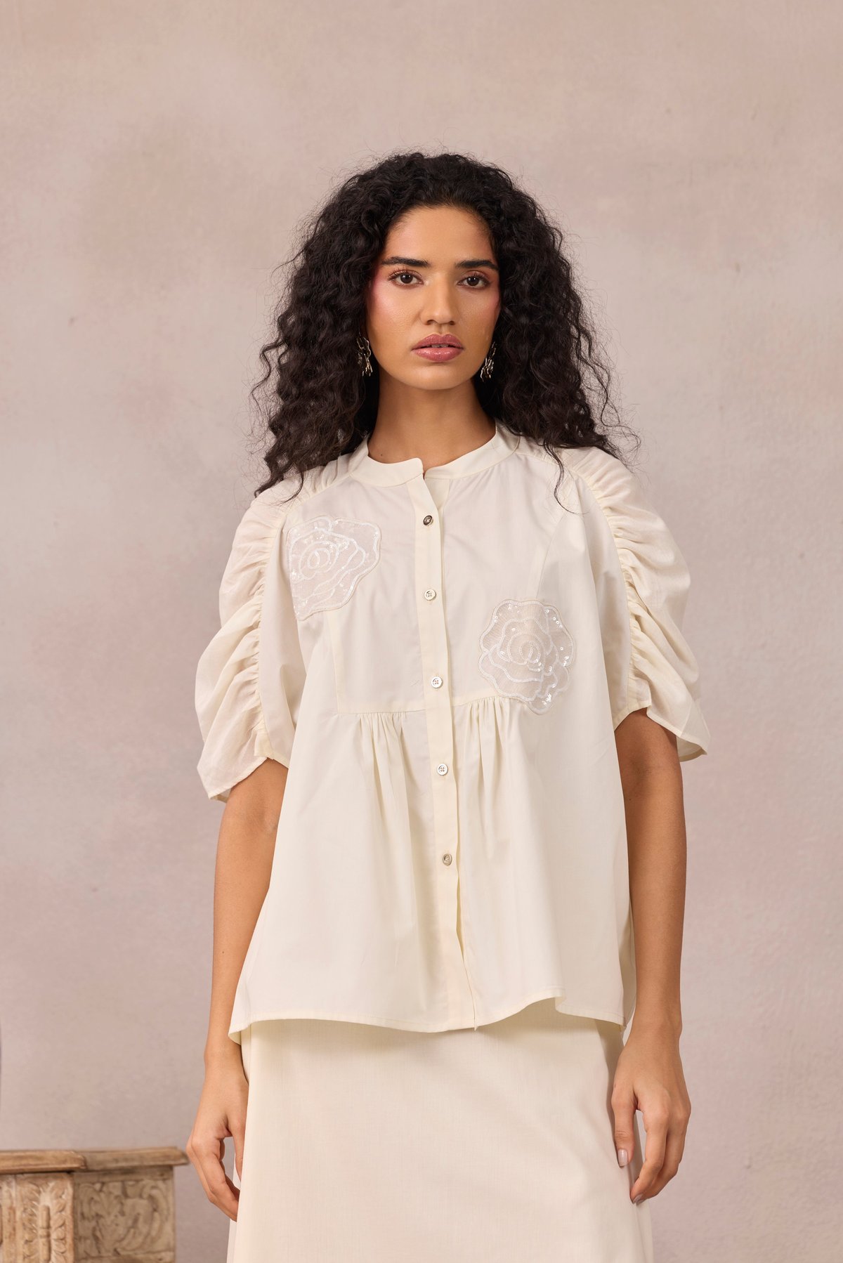 Vanilla Cloud Floral Applique Shirt with Belt